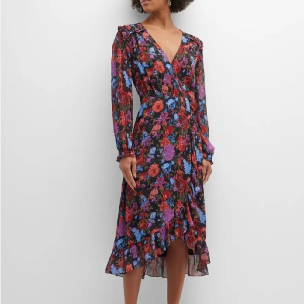 PAIGE Womens‎ Paulette Dress XS NEW Floral Wrap Long Sleeve Silk Sheer Ruffle